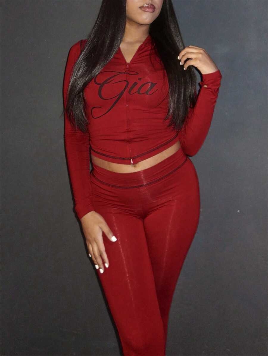 Gia Logo Y2K Two Piece Set Women – Zip Up Crop Top & High Waist Flare Pants, Slim Fit Streetwear Tracksuit, Perfect for Spring Break, Hot Girl Summer, Pool Parties & 2026 Spring Summer Outings, Medium Stretch Knit Fabric