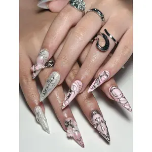 3D Pink Gothic Cyber Nails | Silver Chrome Cross Press Ons | Ethereal Grunge Liquid Metal Nails | Y2K Punk Butterfly Press Ons – FASTSHIPPING