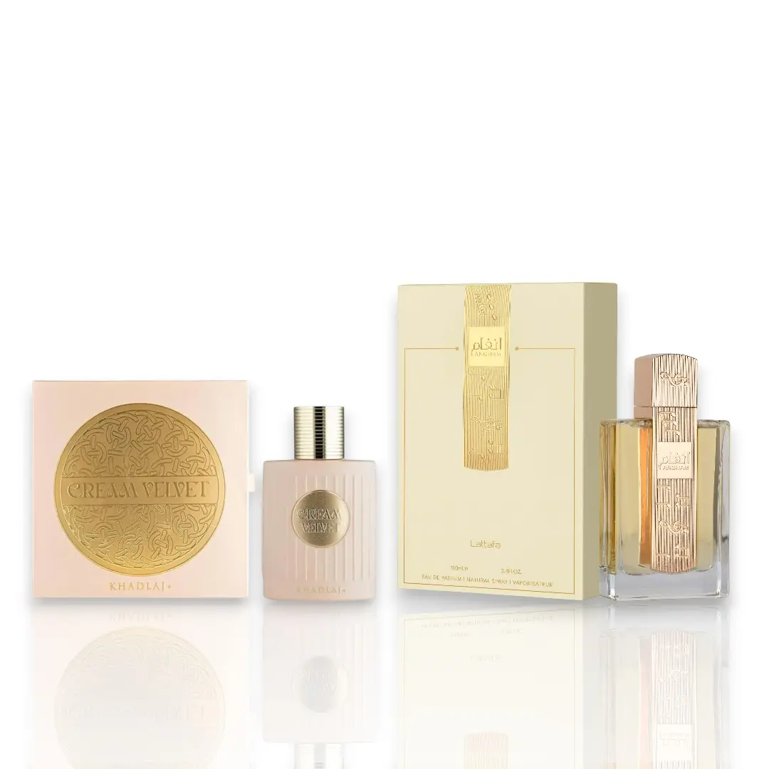 KHADLAJ Unisex Eau De Parfum (EDP) Set - Cream Velvet & Angham, 100ml (3.4 oz), Caramel Vanilla & Honey Notes, Ideal for Evening Wear