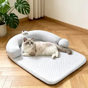 Cooling Cat Bed with Pillow, Breathable Ice Silk Pet Sofa for Indoor Cats, Orthopedic Support Dog Bed with Cute Cartoon Design, Washable Summer Pet Mat for Kitten Puppy