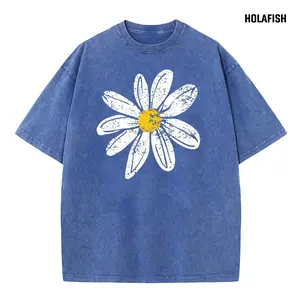 Holafish Acid Wash Tshirts Unisex Heavy Cotton T-Shirt with Daisy Print Drop Shoulder Design for Vintage Hip Hop Streetwear - Soft & Comfortable Casual Top, Shortsleeve, Floral