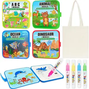 4 Pack Water Coloring Book - Reusable Water Painting Book Set with Pens and Canvas Bag, Animal Ocean Dinosaur Themes, No Mess Free Coloring for Birthday Party Activity