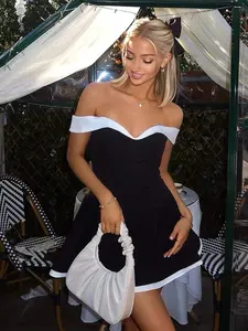 Women's Colorblock Off Shoulder Short Dress, Elegant Fashion Chic Dress for Party Club Dating Wear, Ladies Dress for Summer Formal Wear