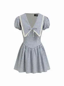 Cider Cotton Gingham Puff Sleeve Asymmetrical Babydoll Mini Dress
