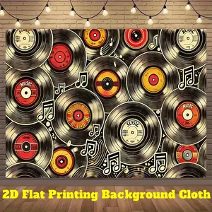 2D Flat, 1pc Vintage Vinyl Record Wall Banner - Retro Music Party Decor with Vinyl Records & Music Notes, Self-Adhesive Polyester Fabric Backdrop for Indoor/Outdoor Use, Photo Background, Birthday, Christmas, Halloween Party Decorations (No Electricity