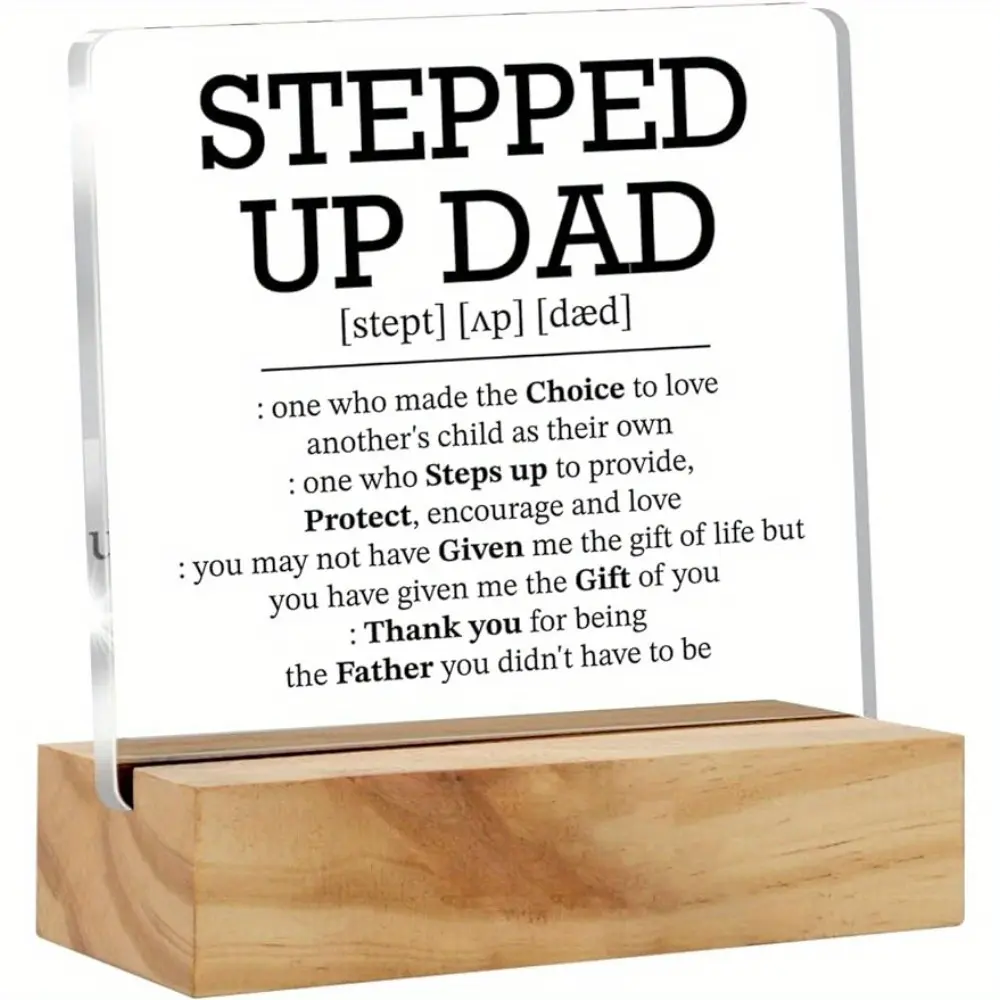 Acrylic Desk Decor Plaque Sign with Wooden Stand - Stepped Up Dad Definition, Funny Appreciation Gift for Stepfather, Father's Day Present (Home Decor)