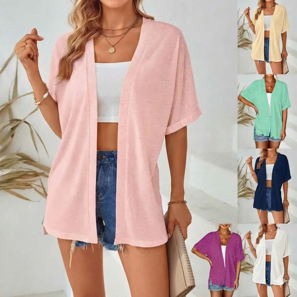 PHEFEE Women's V-Neck Short Sleeve Kimono Cardigan, Lightweight Open Front Casual Summer Beach Cover Up, Breathable Soft Knit Top, Office