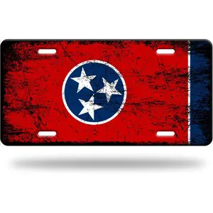 Retro Tennessee State Flag License Plate Car Decoration- Aluminum- 6x12-inch polished metal standard plate, easy to install, Men's/ Women's car plate, car trim accessories, license plate decor, for decor only
