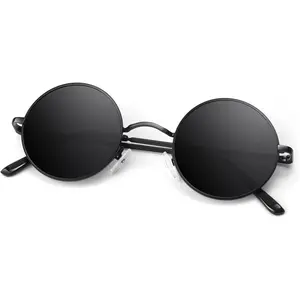 Round Polarized Sunglasses Men Women,Retro Metal Hippie Shades with 100% UV Protection