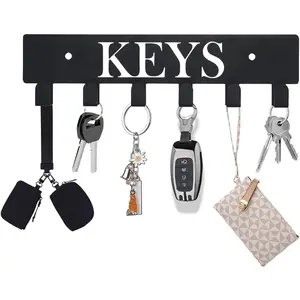 Key Hooks Holder for Wall Mounted with 6 Hooks, Key Hanger Rack Wall Decorative for Home, Dog Leash Holder, Entryway, Hallway, Office, Black (Black-Keys-6)