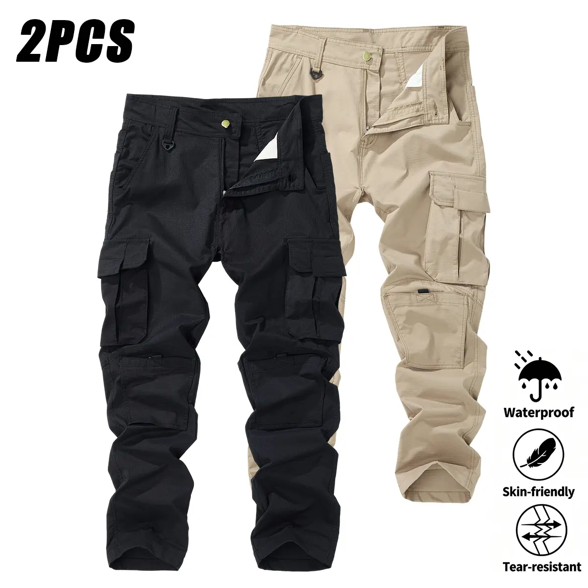 2-Pack Men's Outdoor Cargo Pants, Multi‑Pocket Tactical Training Pants, Durable Soft Shell Hiking Pants, Versatile Long Pants for Spring and Autumn Casual Wear, Machine Washable, Adjustable Elastic Waist