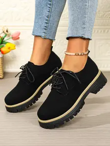 Women's Thick Sole Loafers, Lace-Up Comfortable All-Season Fashion Daily Wear, Casual Style, PVC Sole, Flannel Upper Material, Walking Shoes
