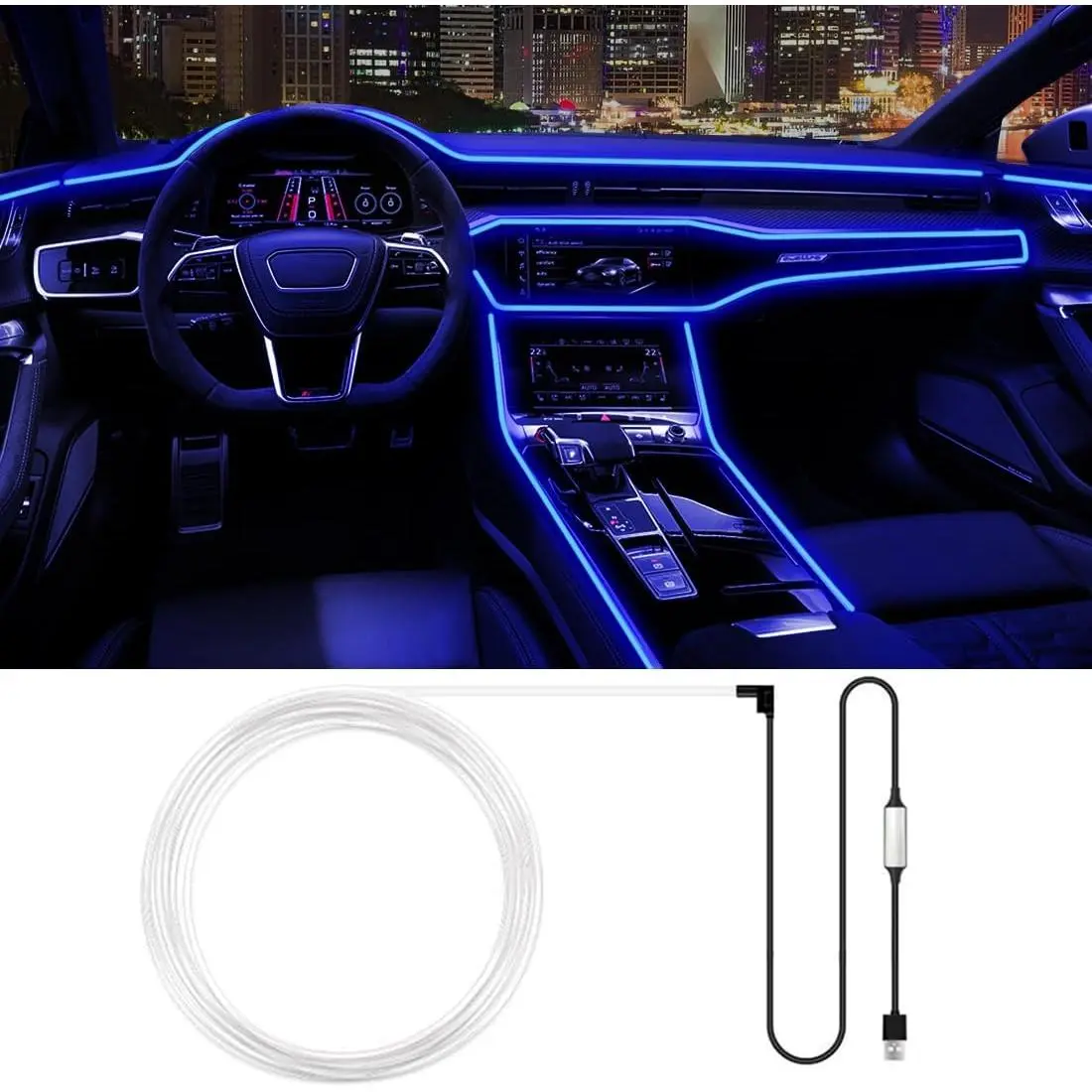 Car Light Embellishments, Color Changing Neon Fiber Optic Wire with 20 Modes, Silent USB Powered Ambient Lighting for Interior, Clothes & Stage Design, 20 Colors And 20 Modes