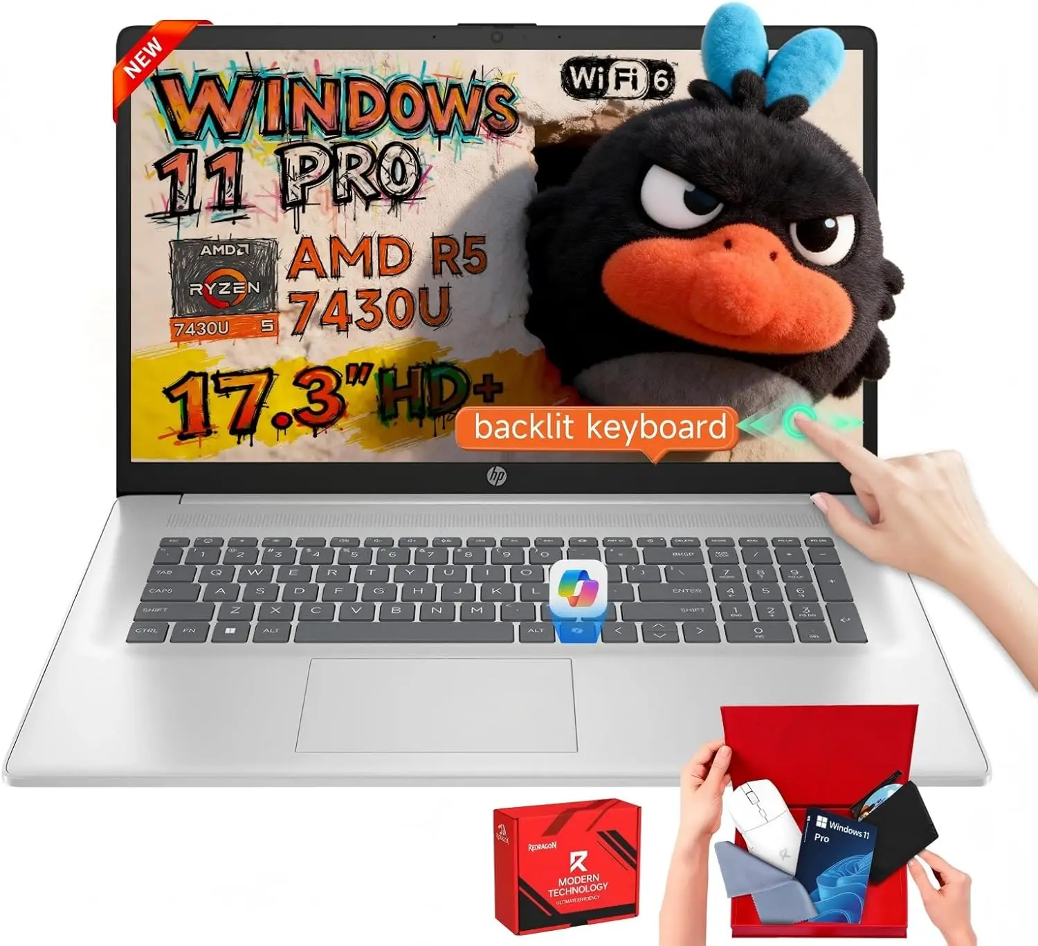 HP 17 Laptop Computer, 17.3" HD+ Touchscreen, AMD Ryzen 5-7430U, Up to 32GB RAM, Up to 2TB SSD, Windows 11 Pro, Backlit KB, Silver, Ideal for College & Home