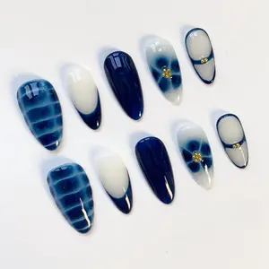 Blue Flower Press on nails long almond nails, Blooming Blue Nails, 3D Flower