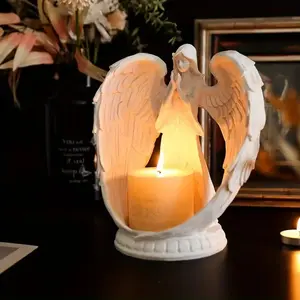 Elegant Angel Candlestick Statue Vintage Candle Stand with Luminous Wings, Classic Decoration for Christmas, Thanksgiving & Hanukkah, Warm Atmosphere Decor Candle Holder