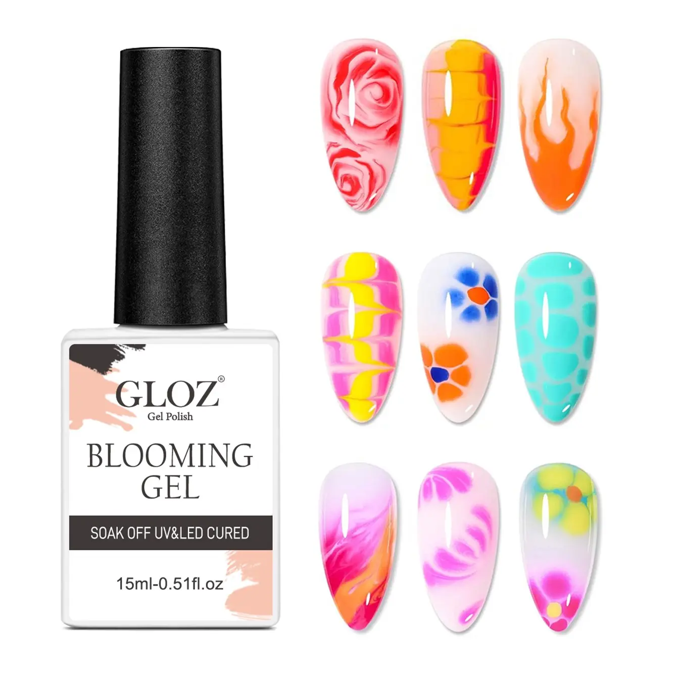 GLOZ 18ml Clear Blooming Gel Nail Polish, UV LED Cured Soak Off Formula Gel with Watercolor Diffusion Effect, Salon Quality for Salon & DIY Nail Art Manicure Design