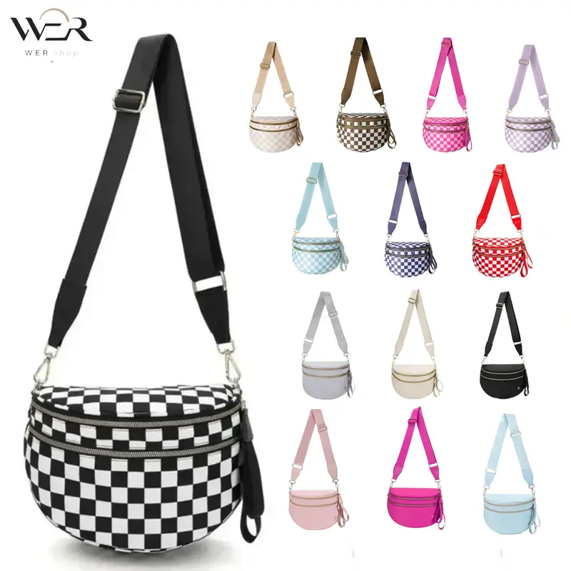 Women's Black and White Checkered Nylon Fanny Pack - Compact, Durable Female Sports Bag, Double Zip, Secure Pockets, Adjustable Strap, Crossbody/Belt/Sling Waist Purse for Travel, Back to School