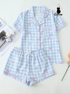 Women's Plus Size Plaid Bow Print Summer Pajama Set, Casual Fitted Short Sleeve Top and Shorts, Home Wear, Comfortable Woven Fabric