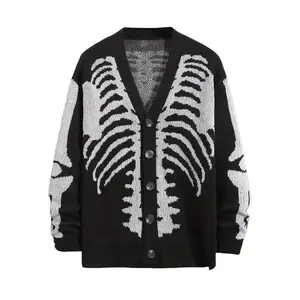 Men's Plus Size Skeleton Print Long Sleeve Cardigan Sweaters V Neck Button Down Outwear Coats