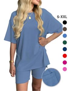 Women's Solid Color T-Shirt and Tight Shorts Set, Summer Comfort Round Neck Sleepwear, Pocket Design, Outdoor Wear