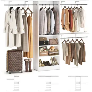 8FT Closet System, 96'' Closet Organizer System with 3 Hanging Rods, Wall Mount Bedroom Wardrobe with 3 Drawers Walk-in Closet, Adjustable Cloth Garment Rack from 5 to 8FT (Cut to Fit), 96"L x 16"W x 75"H