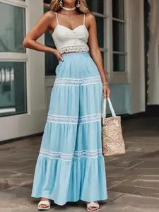 High Waist Wide Leg Palazzo Pants, Baby Blue Lace Tiered Flowy Maxi Culottes, Boho Casual Loose-Fitting, Lightweight, All Seasons, Summer Beach Style