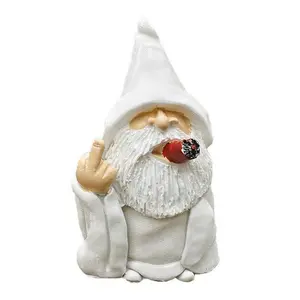 Smoking White White Beard Old Man Smoking Scissors Hand Resin Decoration Ornaments with Middle Finger Garden Gnomes Statues KITPIPI