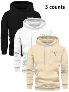 Men's Bull Head Print Fleece Hoodie Sweatshirts Long Sleeve, Casual Unisex Letter Pattern, Fall & Winter Fitted Pullover, 3 Pack Set
