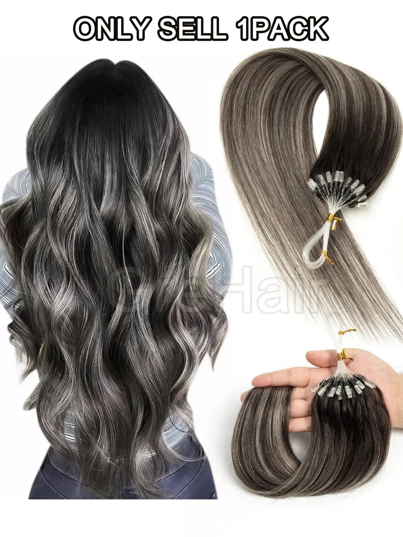 Black Gray Balayage Wire Hair Extensions Real Human Hair Cool Splice Reusable,Micro Link Human Hair Extensions, Increase Volume and Length, Dye Highlights Micro Bead Hair, Bulk Hair Extensions, Human Hair Pieces