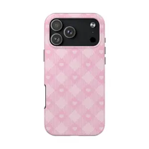 Dolly Pink Gingham Phone Case, Aesthetic Heart & Plaid Print Cover for Iphone 17 16 15 14 13 12 - Cute Coquette Style