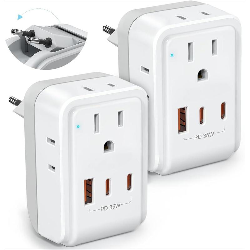 SQ-APT014 2 Pack European Travel Plug Adapter, Foldable International Power Adapter with 2 AC Outlets 3 USB Charging Ports(2 USB C), Type C Power Adaptor to Most Europe Italy Spain France Iceland Germany