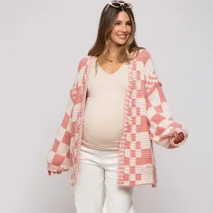 Women's Trendy Checkerboard Knit Cardigan with Lantern Sleeves, Retro Loose Fit Outerwear for Autumn and Winter, Stylish Warm Sweater Tops