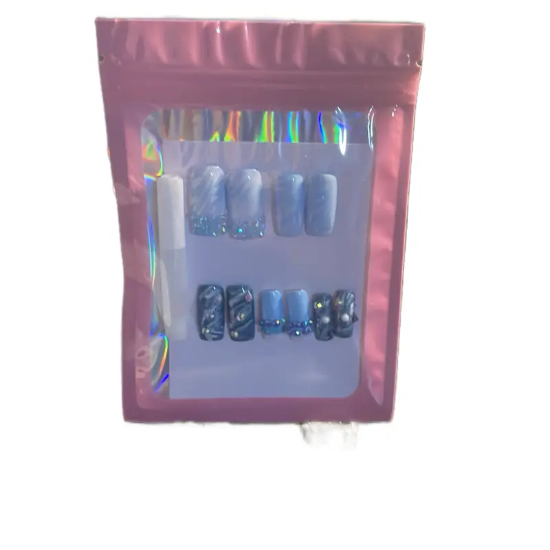 Royal Blue and Baby Blue Acrylic Nails with Holographic Design and Glitter Accents for Stylish Manicures