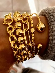 5pcs Vintage Exaggerated Minimalist Old Coin Design Bracelet Set, Chunky Chain & Bead, Ideal for Dates, Vacations, Parties, Gifts for Women, High Quality Bracelet