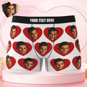 Personalized Men's Face Photo Love Heart Brief Boxer with Name for Men – Funny Valentine Gift, Custom Photo Underwear from Girlfriend or Wife, Men Underwear Gift Idea