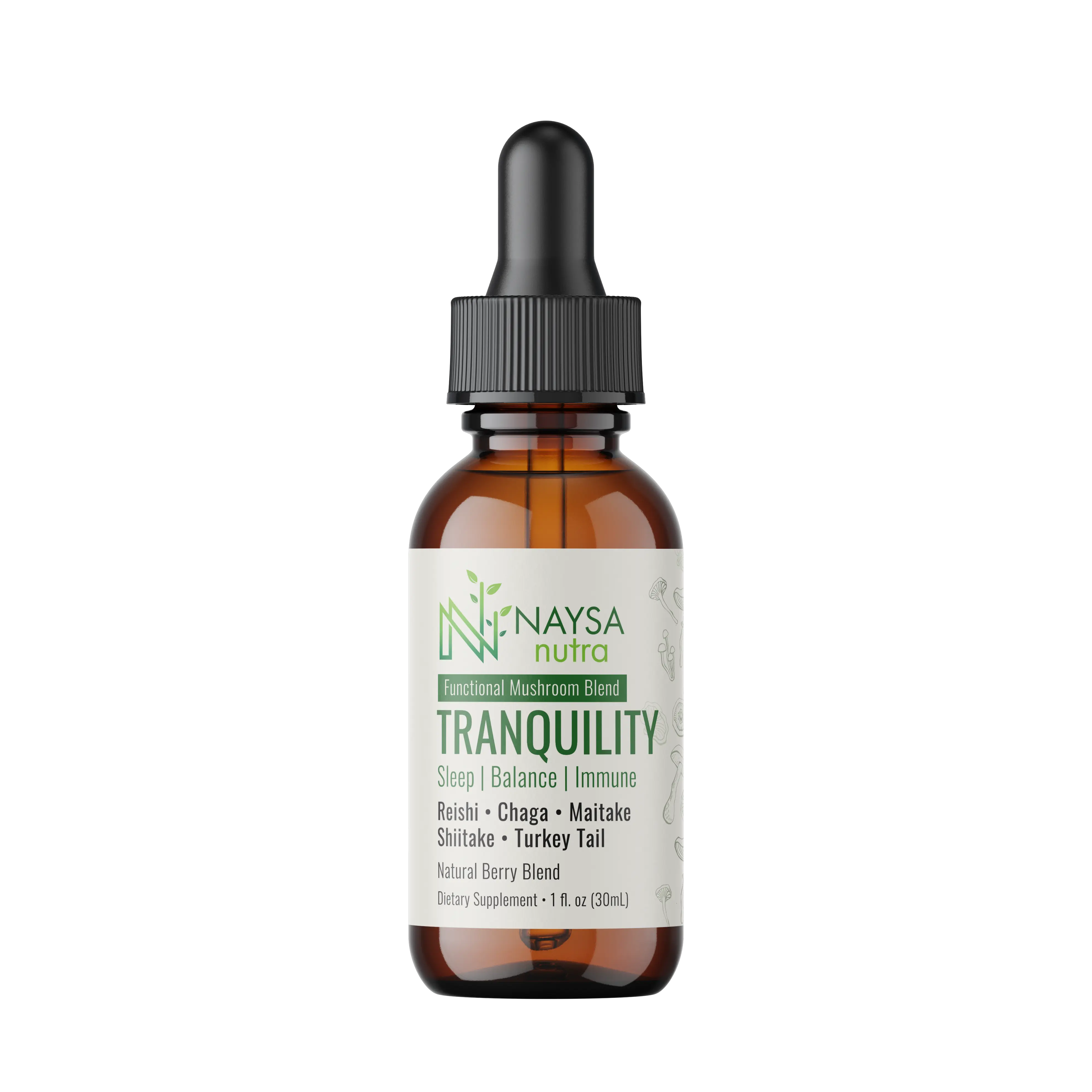 Naysa Nutra Tranquility Mushroom Extract Drops Wellness Formula Natural Berry Flavored Supplement 1fl oz - Edible Dietary