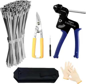 SJPACK Heavy Steel Cable Tie Tool：Stainless Steel Zip Tie Gun, Metal Tie Wrap Gun Kit, Duty Outdoor Adjustable Fastening Cutting Tie Tool Sets with 100pcs Self-Locking Metal Steel Zip Ties