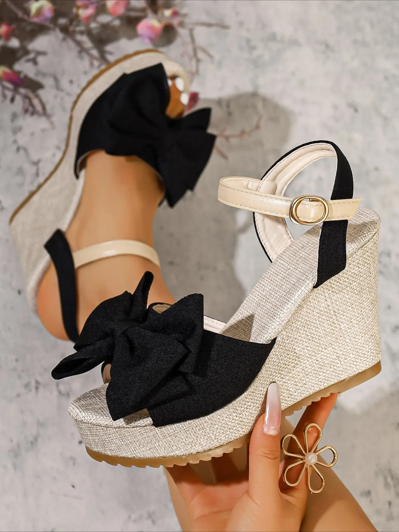 Women's Bow Platform Espadrille Wedge Sandals, Bowknot Open Toe Ankle Strap Buckle High Heels Ladies' Cute Bow Knot Wedge Sandals, Summer Open Toe Espadrille Platform Shoes, Boho Style Wedge Platform Footwear Shoe