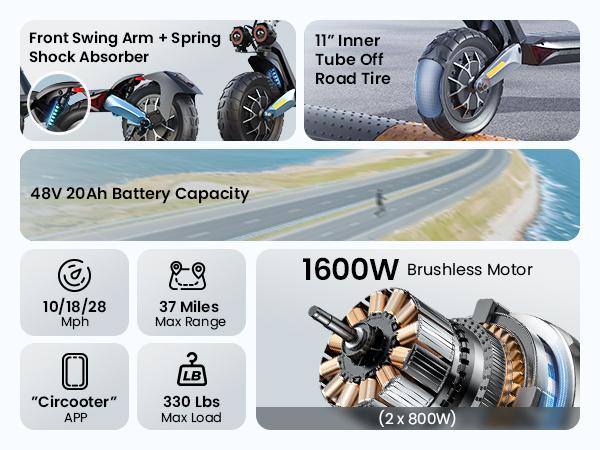 R1 PRO Electric Scooter for Adults, 1600W Dual Motor, 11" Off-Road Tires, 37 Miles Long Range, 28MPH Max Speed, 330LBS Capacity, Bionic Dual Suspension Fast Escooter for Commuting & Adventure