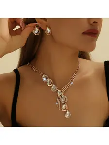 Gold Jewelry Inlaid with White Rhinestone Crystal Necklace & Earrings Set, Women's Jewelry