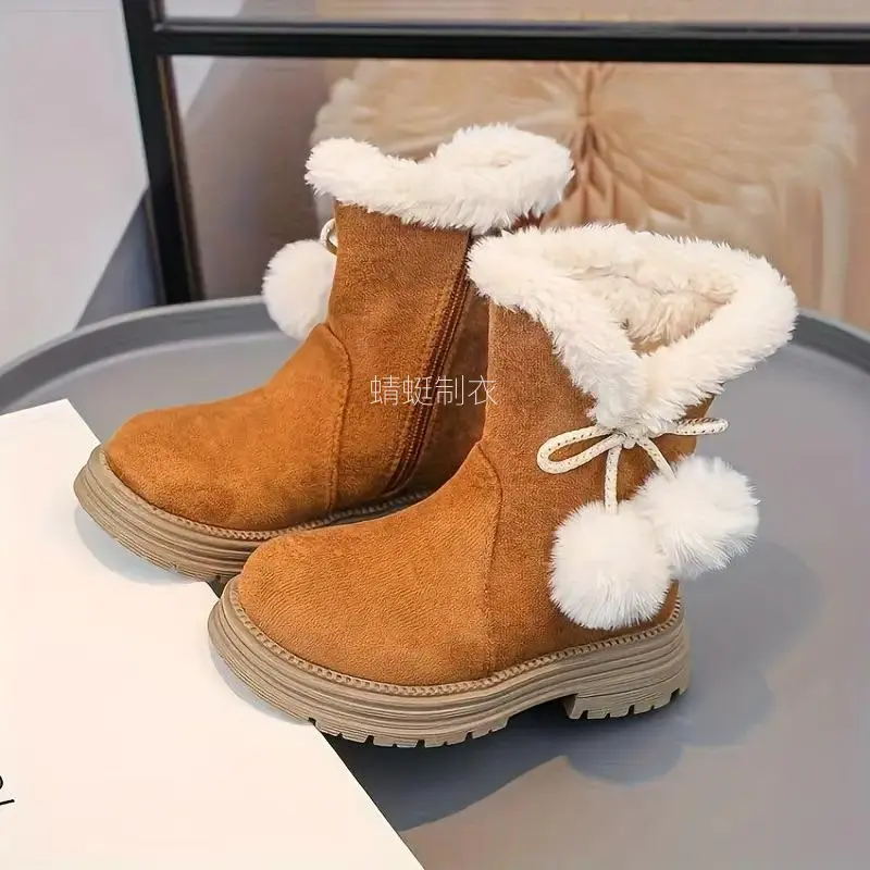 Girls' Winter Snow Boots - PE Fabric, TPR Rubber Sole, Plush Lining, Fluffy Ball & Bow Decorations, Zipper Closure, US 7 Toddler, Fluffy Ball Decoration, 1 Pair