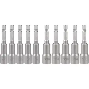 10pcs Magnetic Nut Driver Bit Set - 1/4" & 5/16" Sizes, 1/4" Driver Power Nut Setter, 65mm Length, Hex Socket Adapter for Impact Drills
