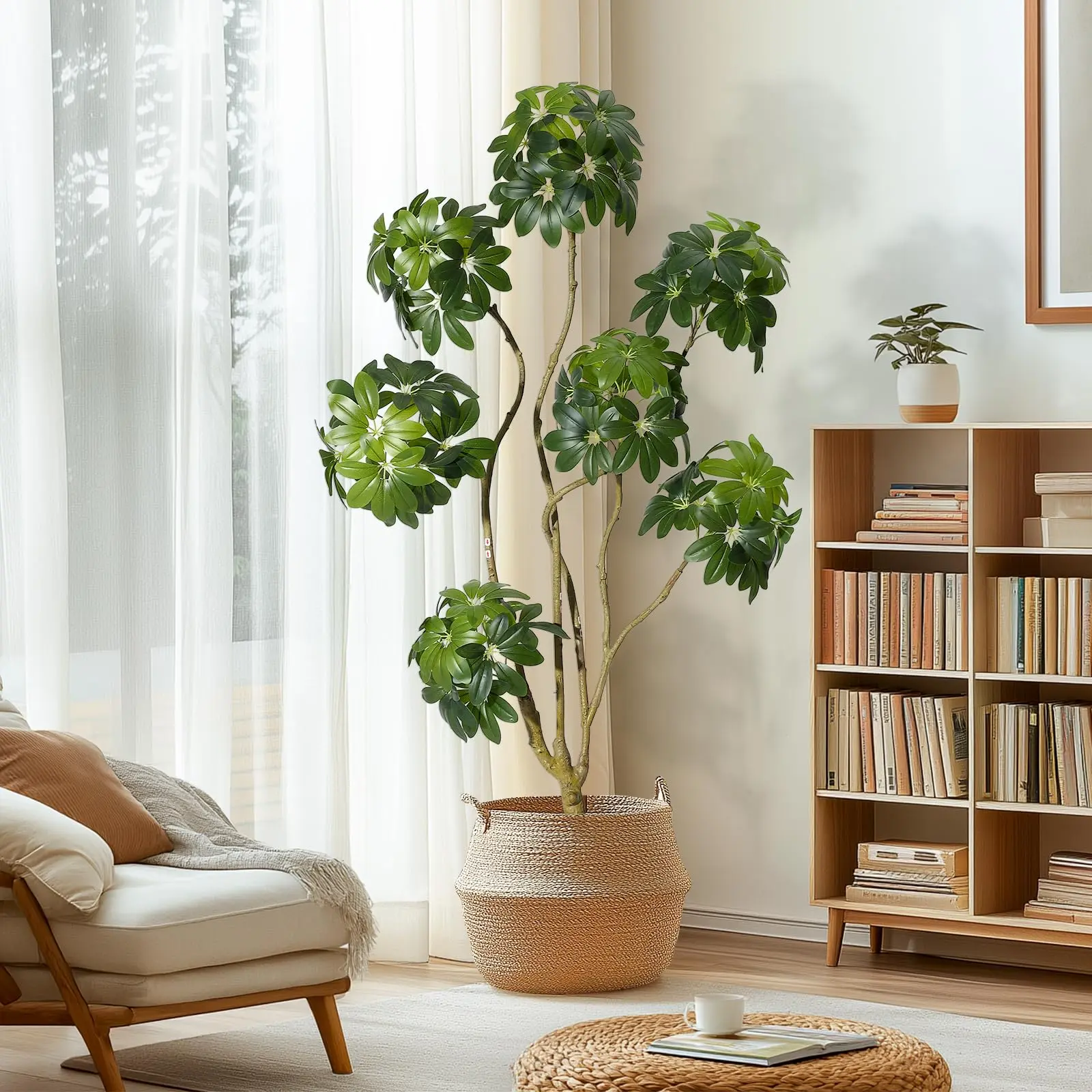【GARVEE】Realistic Artificial Schefflera Umbrella Tree – Multi-Trunk Faux Floor Plant with Decorative White Planter – Tall Maintenance-Free Greenery for Home, Office, Living Room, or Porch – 150CM