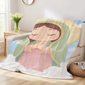 Cartoon Holy Lady Blessed Mother Throw Blanket Flannel Fleece Soft Cozy Warm Lightweight Cute Heavenly Illustration Kids Child Friendly Bed Sofa Living Room Faith Learning Decor Easter Birthday Christmas Gift