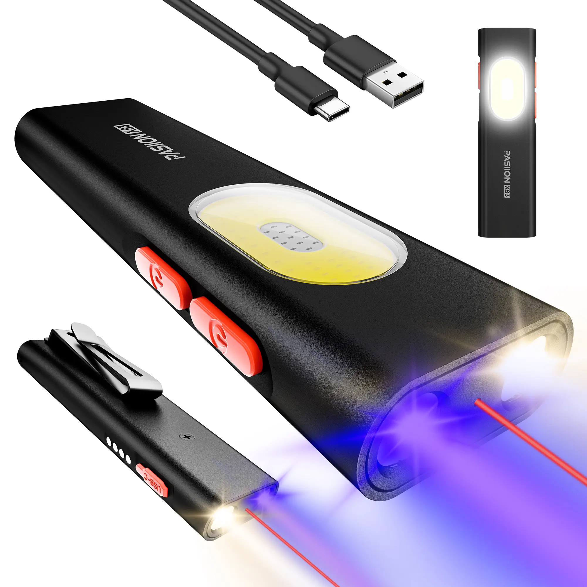 【liquidate leftover stock】XS3 EDC Flat Rechargeable Flashlight, 1000 Lumens Purple Aluminum Body Mini Pocket Light with Magnetic USB-C Port, Pocket Clip, Dual COB LEDs, 11 Modes, Waterproof Camping Tool, Guys Gifts