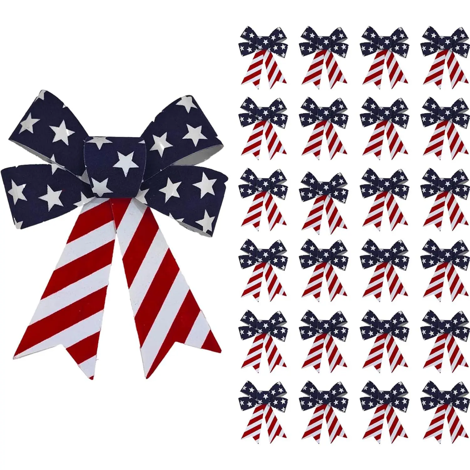 20-Pack Patriotic PVC Velvet Bows, 5.9x5.9in 3D Red White Blue Plastic Bows for 4th of July, Labor Day, Veterans Day Decor, Party Favors, Gift Wrapping