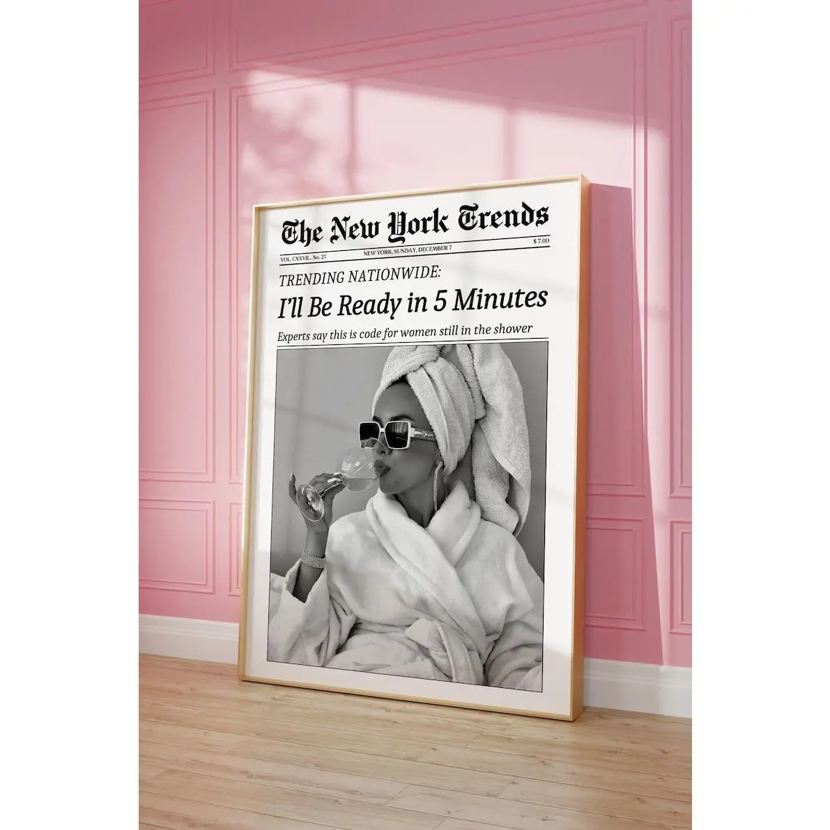 Trendy Newspaper Print, I'll Be Ready in 5 Minutes, Bathroom, Decor Retro Wall Art, Feminist Poster, Girl Dorm Room Decor, Makeup Poster