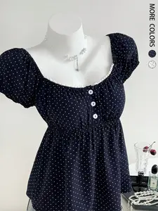 Women's Square Neck Peplum Tops，Baby Doll Tops,Polka Dot Print Short Sleeve Blouse, Womenswear, Perfect for Daily Wear, Comfortable and Trendy Design
