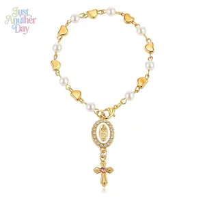 Adjustable Pearl & Heart Chain Steering Wheel Charm, Gold Plated Our Lady Medal with Rhinestones & Cross Pendant, Car Interior Hanging Ornament